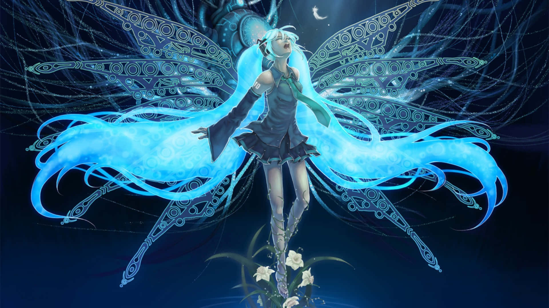 動漫女孩擁有發光的藍色翅膀，在黑暗的夜空中漂浮在白色花朵上方。