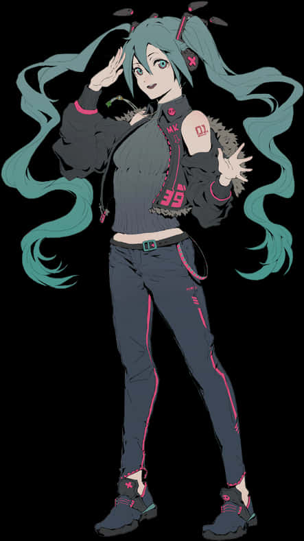 初音未來休閒姿勢 壁紙 — 動漫角色，帶有青綠色雙馬尾和粉紅色點綴，在黑色背景前敬禮。