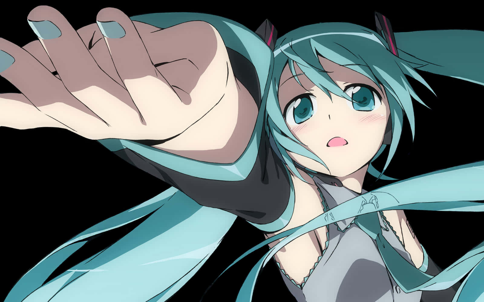 初音未來伸手向前 壁紙 — 動畫角色，擁有藍綠色頭髮和眼睛，在黑色背景前伸出手。