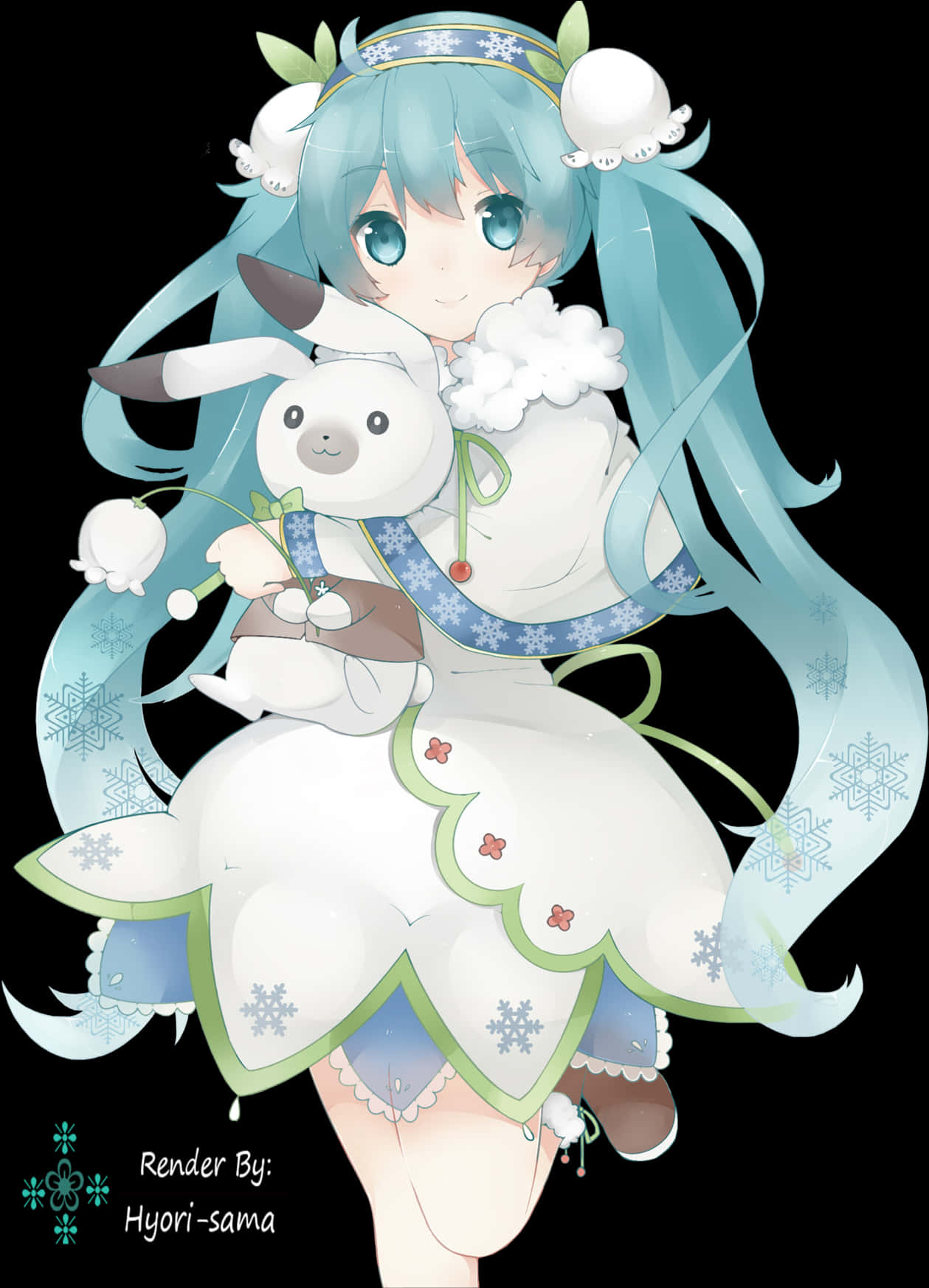 初音未來冬季主題抱玩偶 壁紙 — 動畫女孩，擁有綠松石色頭髮和雪花飾品，在黑色背景前抱著一隻白色兔子毛絨玩具。
