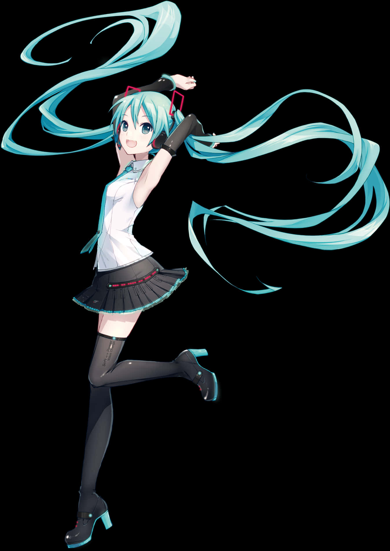 初音未來動態姿勢 壁紙 — 擁有青綠色雙馬尾的動漫角色在黑色背景下動感起舞。