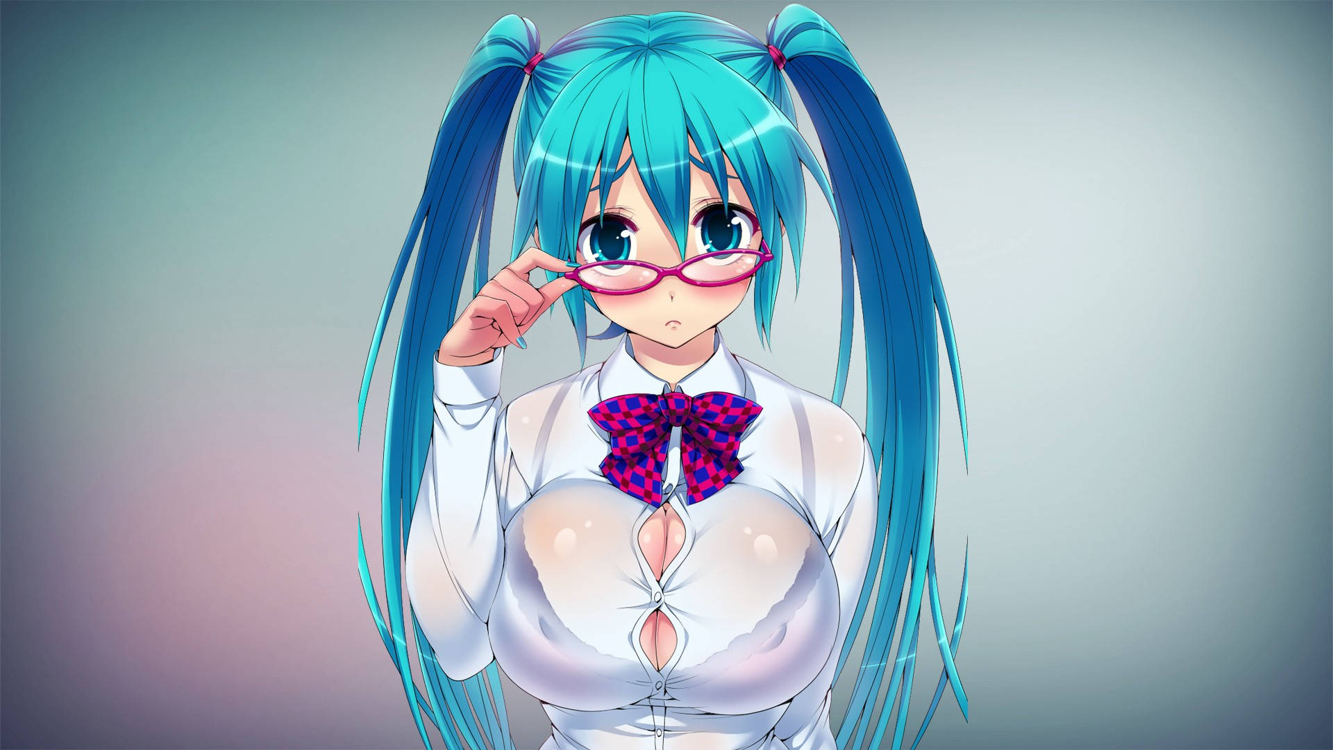 初音未來動漫女孩藝術 壁紙 — 動畫女孩，紮著藍綠色雙辮，戴著粉紅色眼鏡，在柔和漸變背景前調整眼鏡。