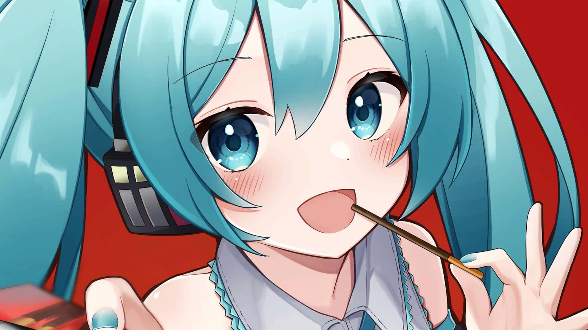 動漫女孩，擁有藍綠色頭髮和藍色眼睛，將筷子靠近嘴巴。