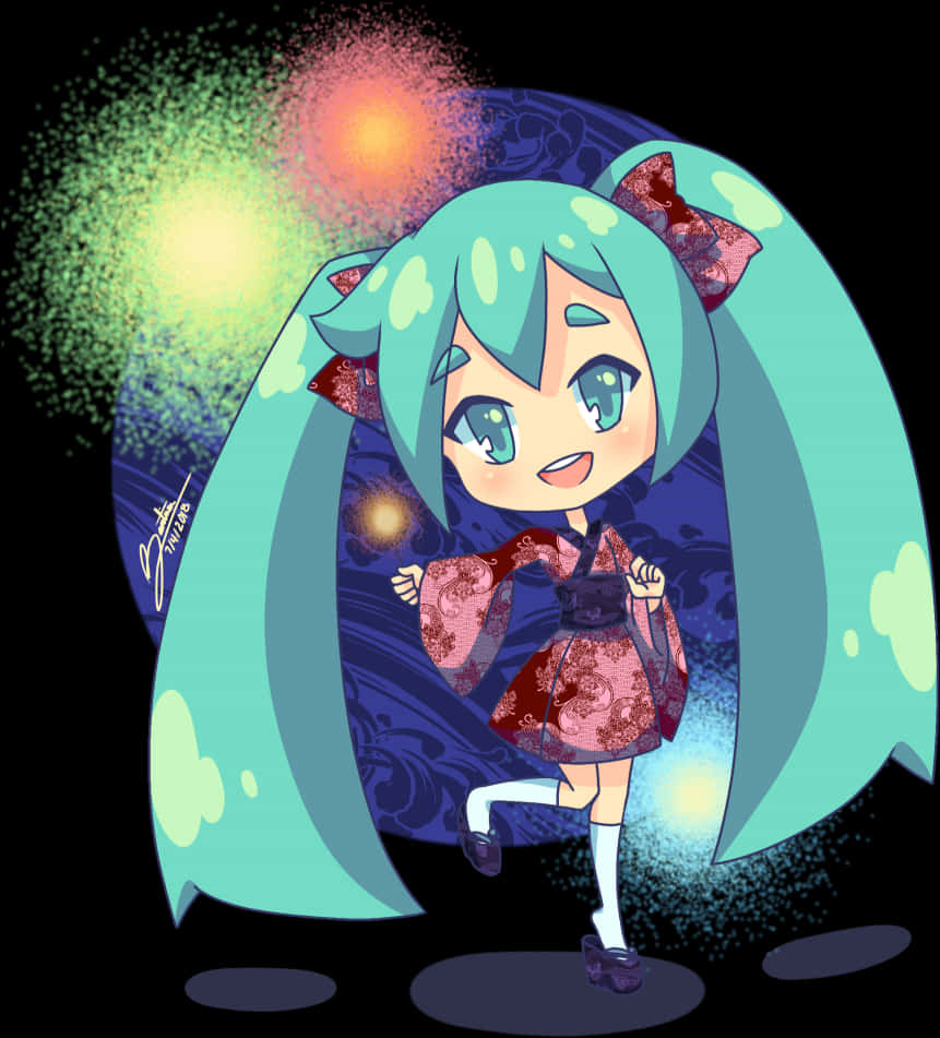 初音未來和服版 壁紙 — 一個快樂的動漫女孩，扎著藍綠色辮子，穿著紅色和服，在帶有發光粒子的宇宙背景前跳舞。