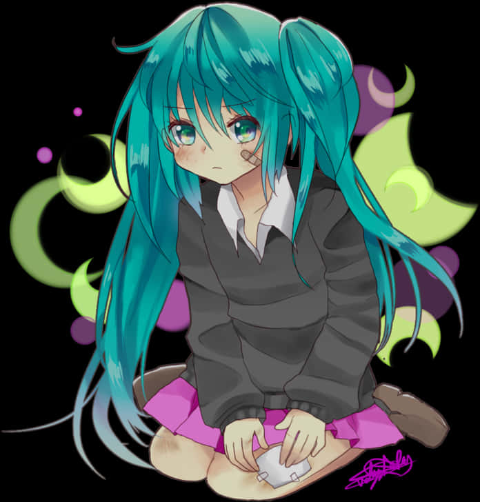 初音未來坐姿插畫 壁紙 — 動漫女孩紮著藍綠色辮子，盤腿坐著，手持白色盒子，背景為黑色帶霓虹漩渦。