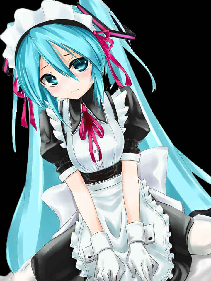 初音未來女僕版 壁紙 — 動漫女孩，擁有藍綠色頭髮和藍色眼睛，穿著白色荷葉邊女僕裝，帶有粉紅色蝴蝶結，背景為黑色。