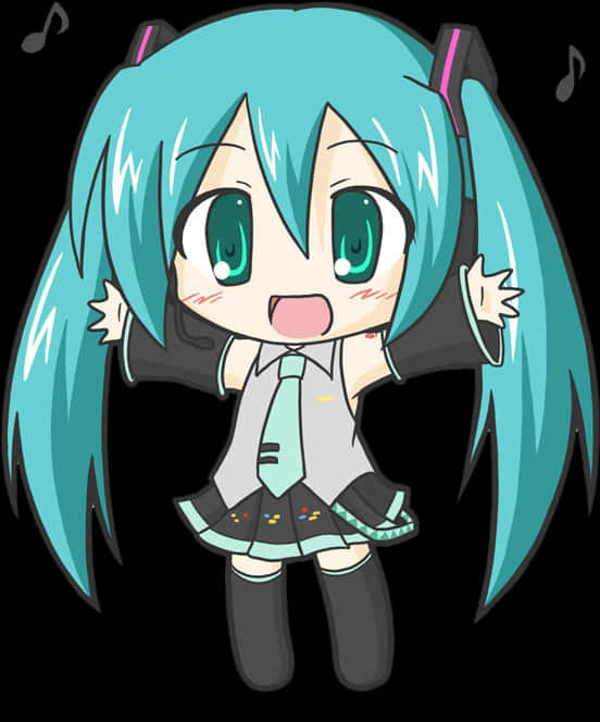 初音未來慶祝插畫 壁紙 — Chibi 動漫女孩，擁有藍綠色辮子和綠色眼睛，穿著校服，背景為黑色，漂浮著音樂符號。