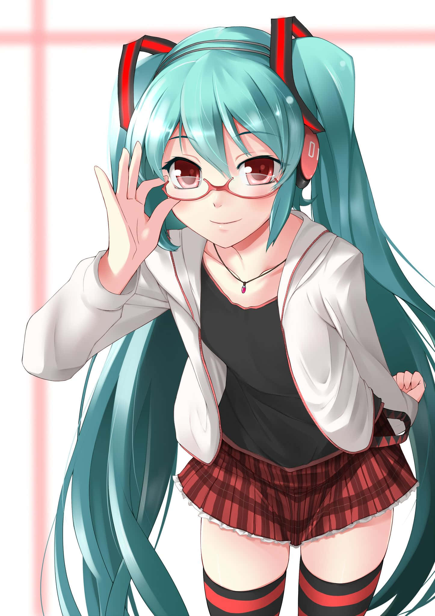 初音未來戴眼鏡手機壁紙 壁紙 — 動漫女孩，擁有藍綠色雙馬尾和紅色眼鏡，在粉紅色網格背景上愉快地揮手。