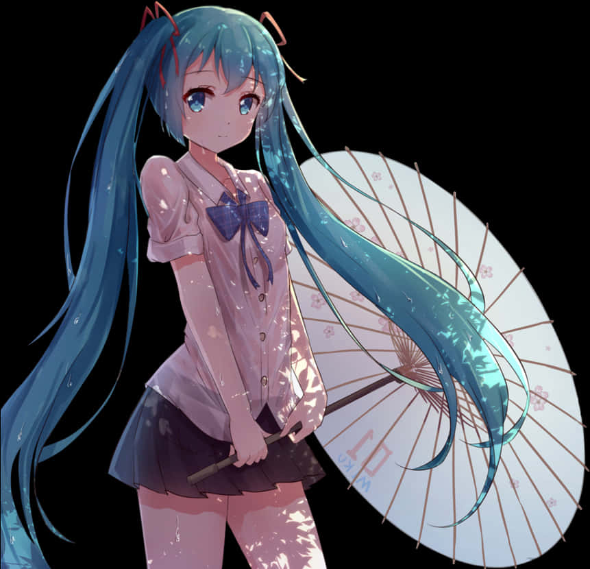 初音未來持傘插畫 壁紙 — 長藍色頭髮的動漫女孩在黑色背景上拿著白色紙傘，背景有柔和發光的粒子。