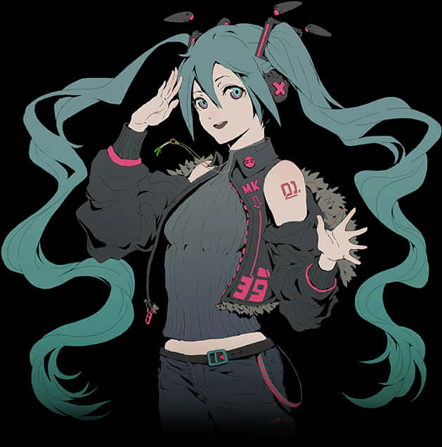 初音未來敬禮姿勢 壁紙 — 動漫角色，擁有藍綠色雙馬尾和粉紅色點綴，在黑色背景前敬禮。
