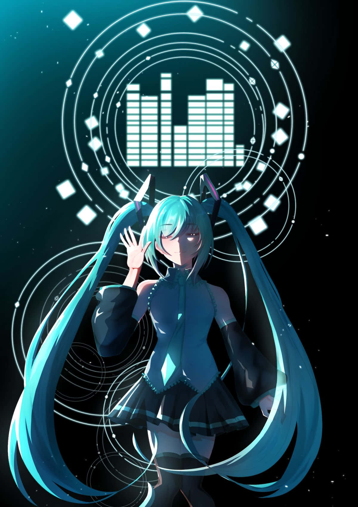 初音未來數位美學手機壁紙 壁紙 — 動漫女孩扎著綠松色雙馬尾，在深青綠色背景上發光的音波圓圈下揮手。