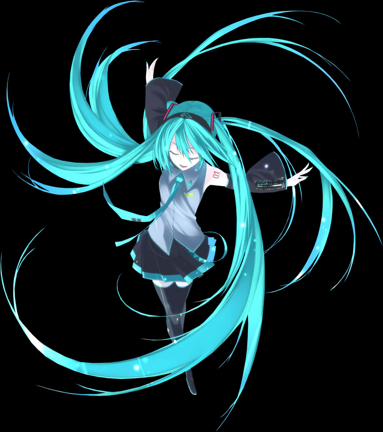 初音未來旋轉髮型動態姿勢 壁紙 — 擁有青綠色雙馬尾的動漫女孩在黑色背景上與發光粒子動態跳舞。