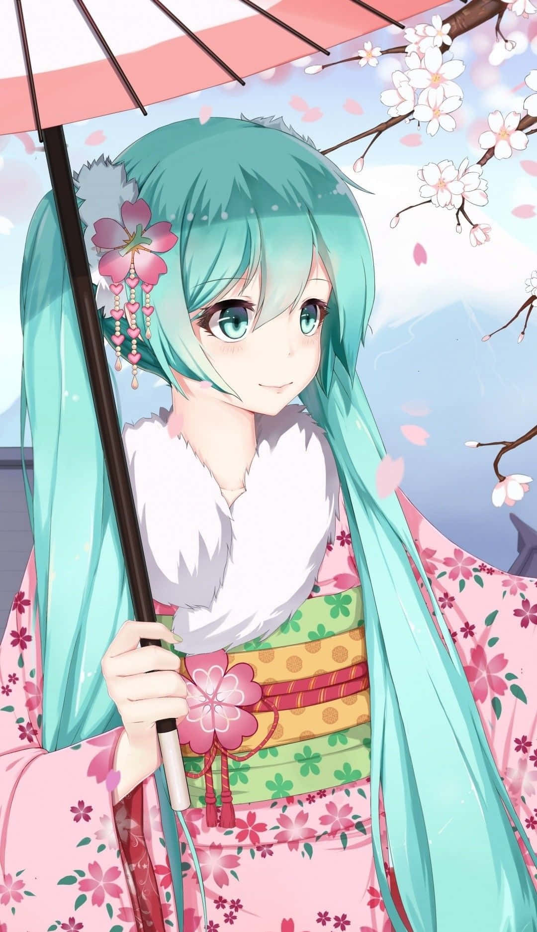 初音未來春季和服手機壁紙 壁紙 — 一位開朗的動漫女孩，擁有藍綠色頭髮，在飄落的櫻花下撐著粉紅色的傘。