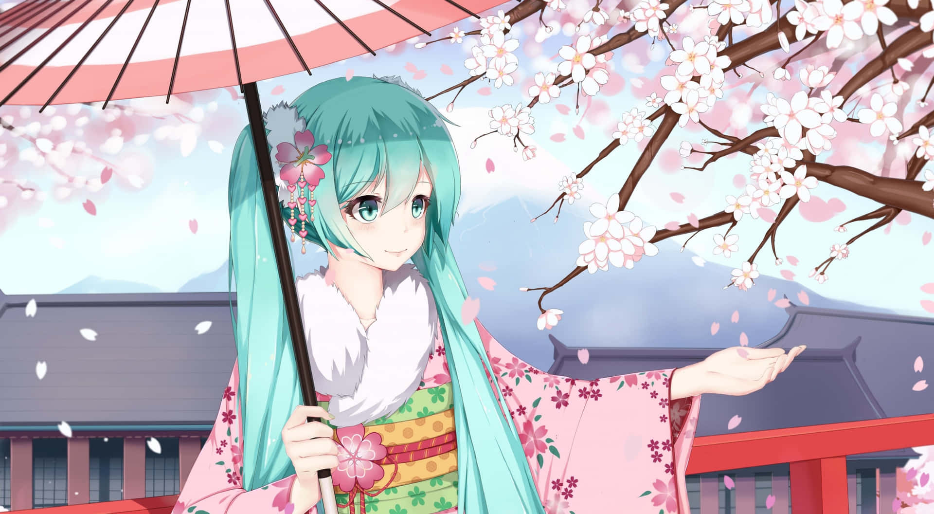 初音未來櫻花動漫數位藝術 壁紙 — 一位開朗的動漫女孩，擁有藍綠色頭髮，穿著花卉和服，在傳統神社附近盛開的櫻花下拿著一把紅白相間的傘。