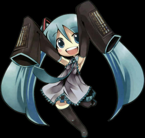 初音未來歡樂姿勢 壁紙 — 一個開朗的動漫女孩，長長的藍色頭髮和超大耳機，在黑色背景上燦爛地微笑。