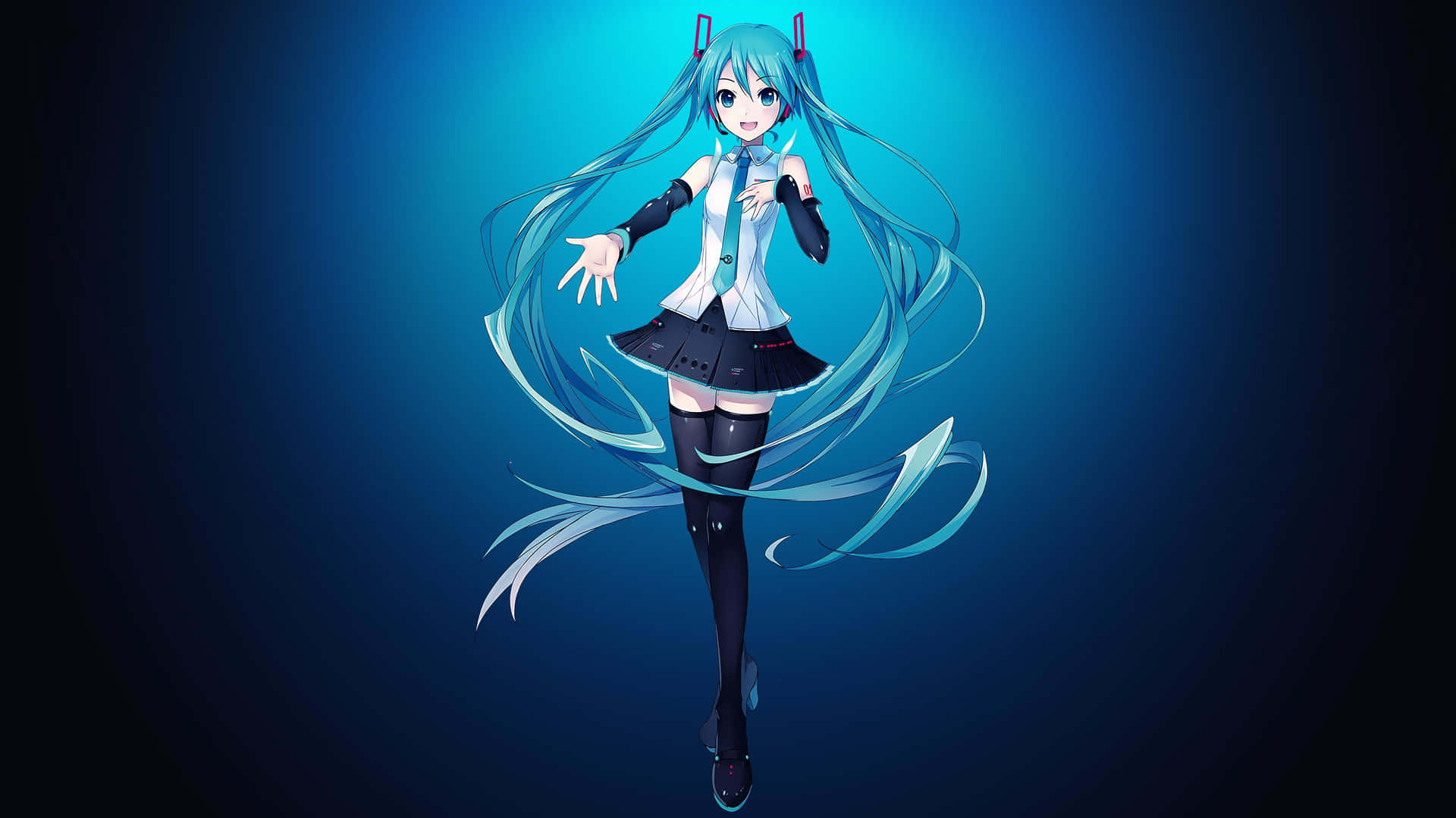 青綠色頭髮的動漫女孩穿著校服在藍色漸變背景上跳舞。