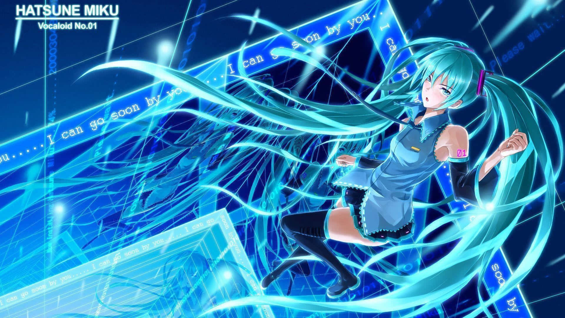 動漫角色初音未來被發光的藍色數碼流和漂浮文字包圍。