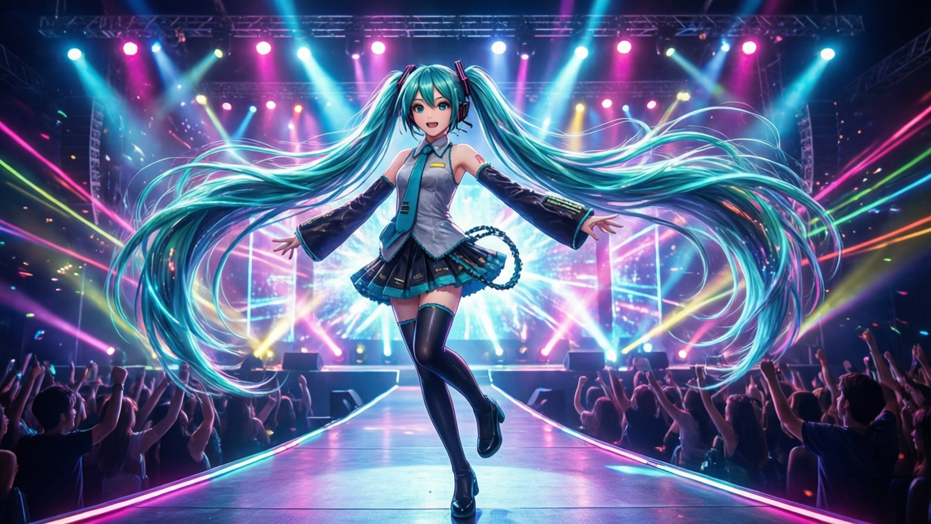 初音未來演唱會盛況 壁紙 — 擁有藍綠色雙馬尾的動漫角色在霓虹燈閃耀的舞台上，在耀眼聚光燈下於興奮的人群前跳舞。