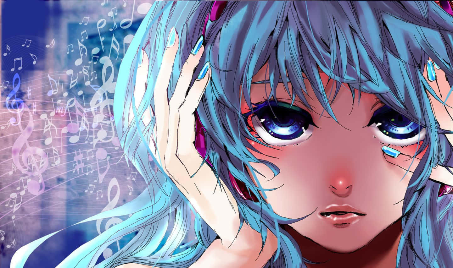 藍髮藍眼動漫少女被音樂符號環繞。