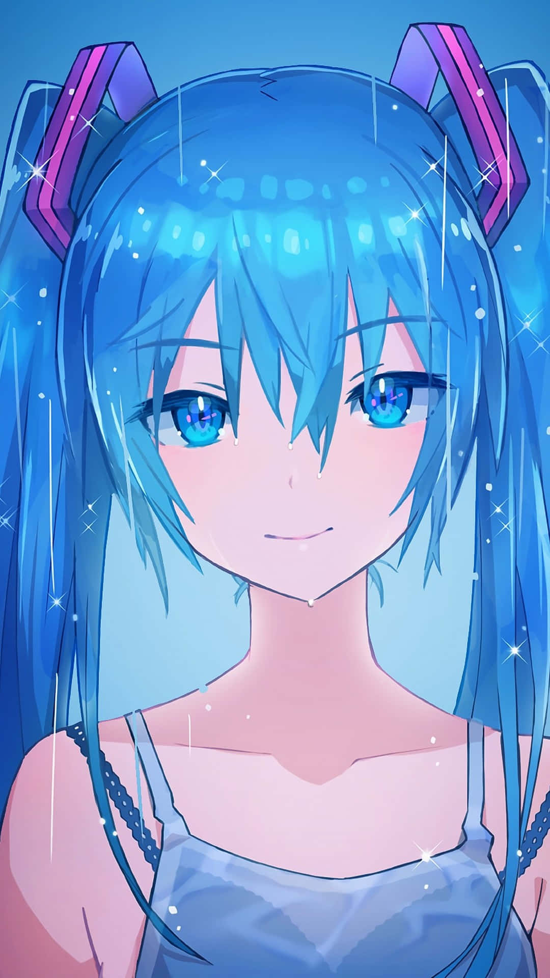 藍髮貓耳動漫女孩在閃爍雨水中微笑。