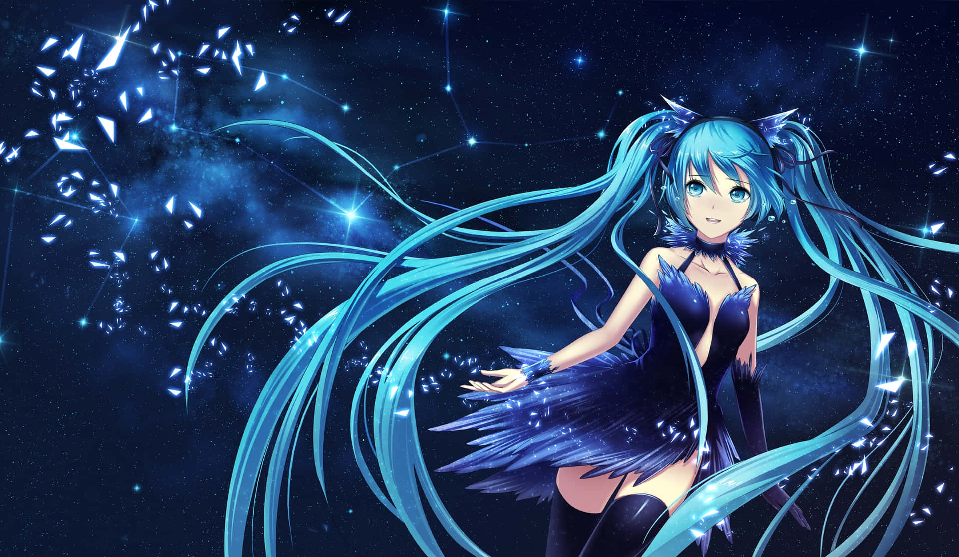 藍色頭髮和翅膀的動漫女孩在星空夜空中漂浮。