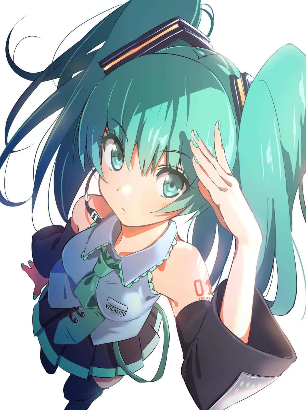 初音未來碧綠雙馬尾手機壁紙 壁紙 — 一個開朗的動漫女孩，擁有青綠色的雙馬尾和發光的眼睛，穿著Vocaloid制服害羞地揮手。