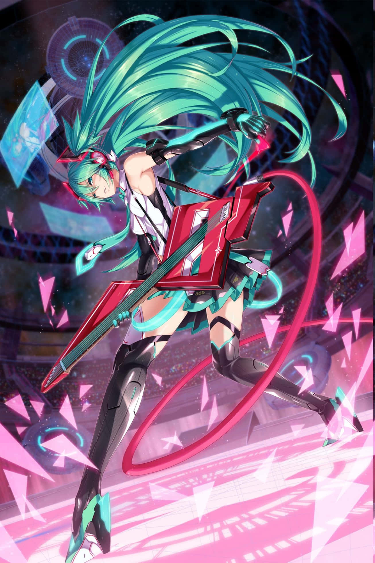初音未來紅色搖滾偶像手機壁紙 壁紙 — 動畫女孩，一頭藍綠色頭髮，在充滿未來感的舞台上，於發光的粉紅和藍色數位碎片中彈奏電結他。