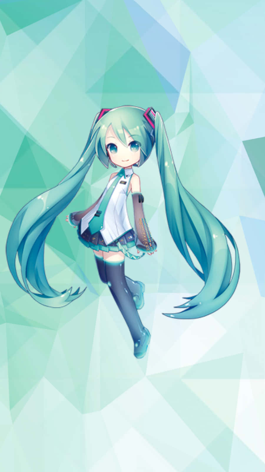 初音未來綠色水晶手機 壁紙 — 長著青色雙馬尾和藍色眼睛的動漫女孩站在幾何青色和白色背景前。