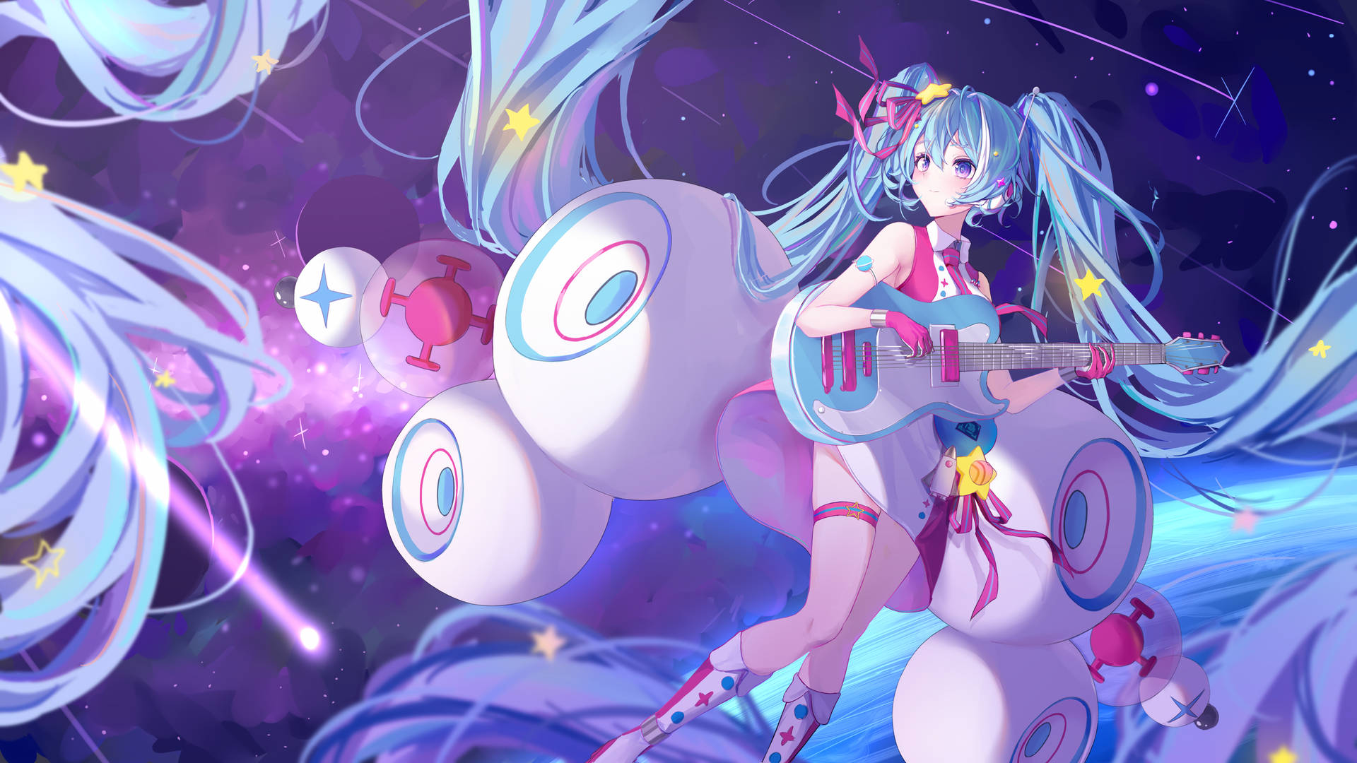 藍色頭髮的動漫女孩在星空宇宙環境中彈結他，周圍有漂浮的球體。