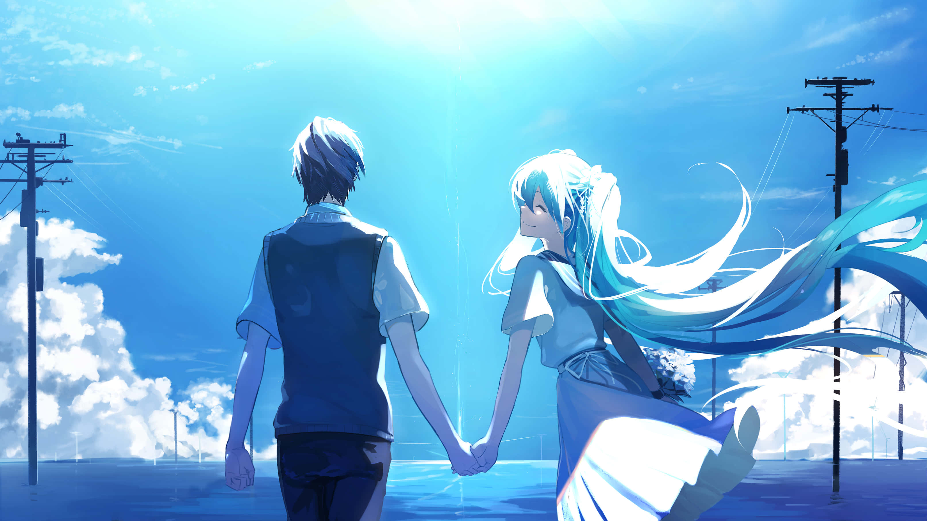 初音未來與男生匹配動漫頭像 壁紙 — 一對情侶手拖手喺晴朗藍天白雲同電線背景下散步。
