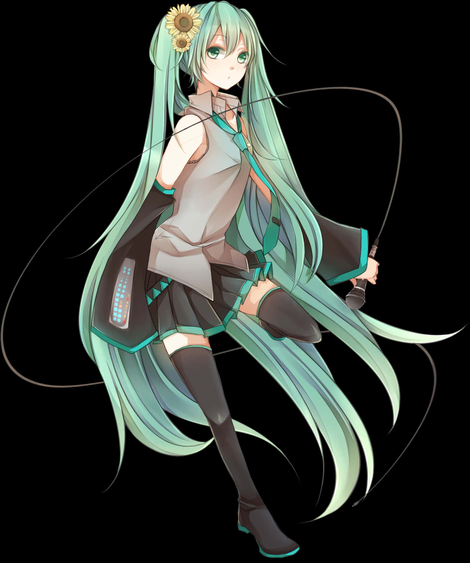 初音未來花卉裝飾 壁紙 — 長青綠色頭髮、帶向日葵配飾的動漫女孩在黑色背景下拿著麥克風。