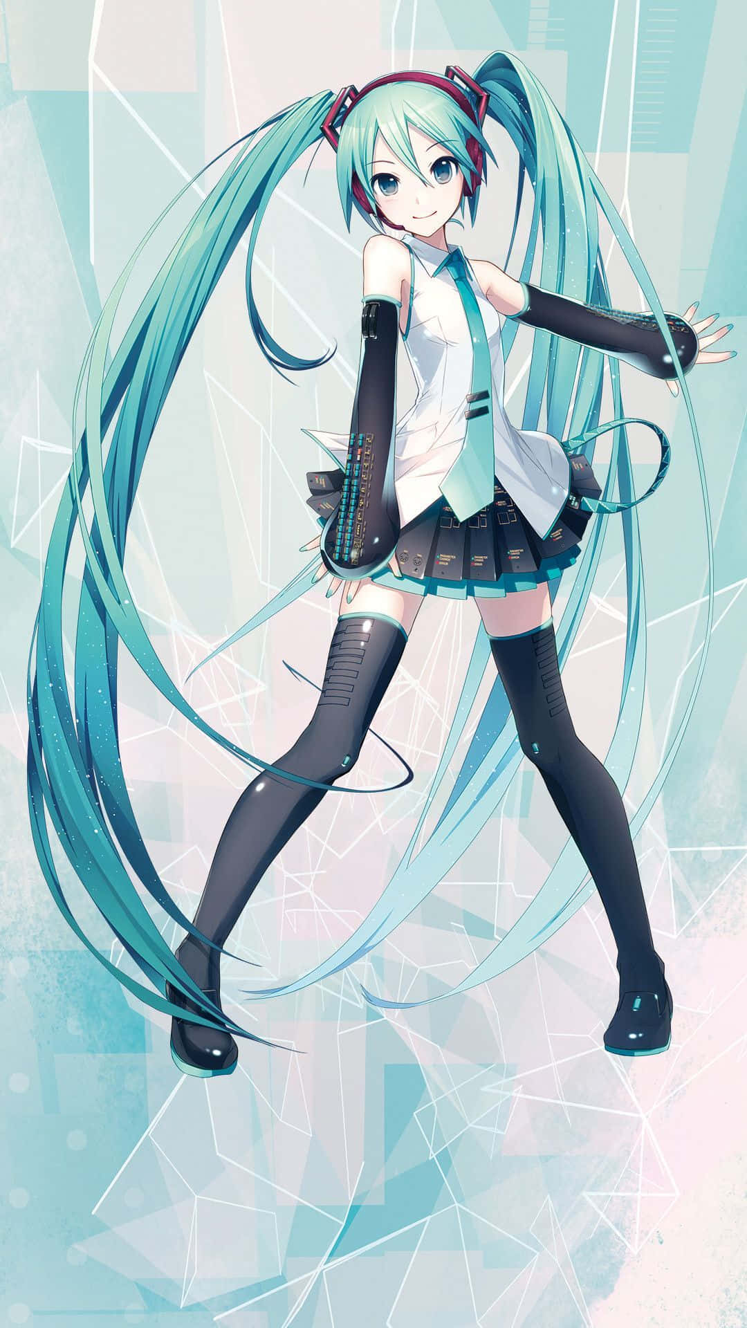 初音未來藍長髮手機壁紙 壁紙 — 動漫角色初音未來，擁有藍綠色雙馬尾和耳機，在幾何淺藍色背景上跳舞。