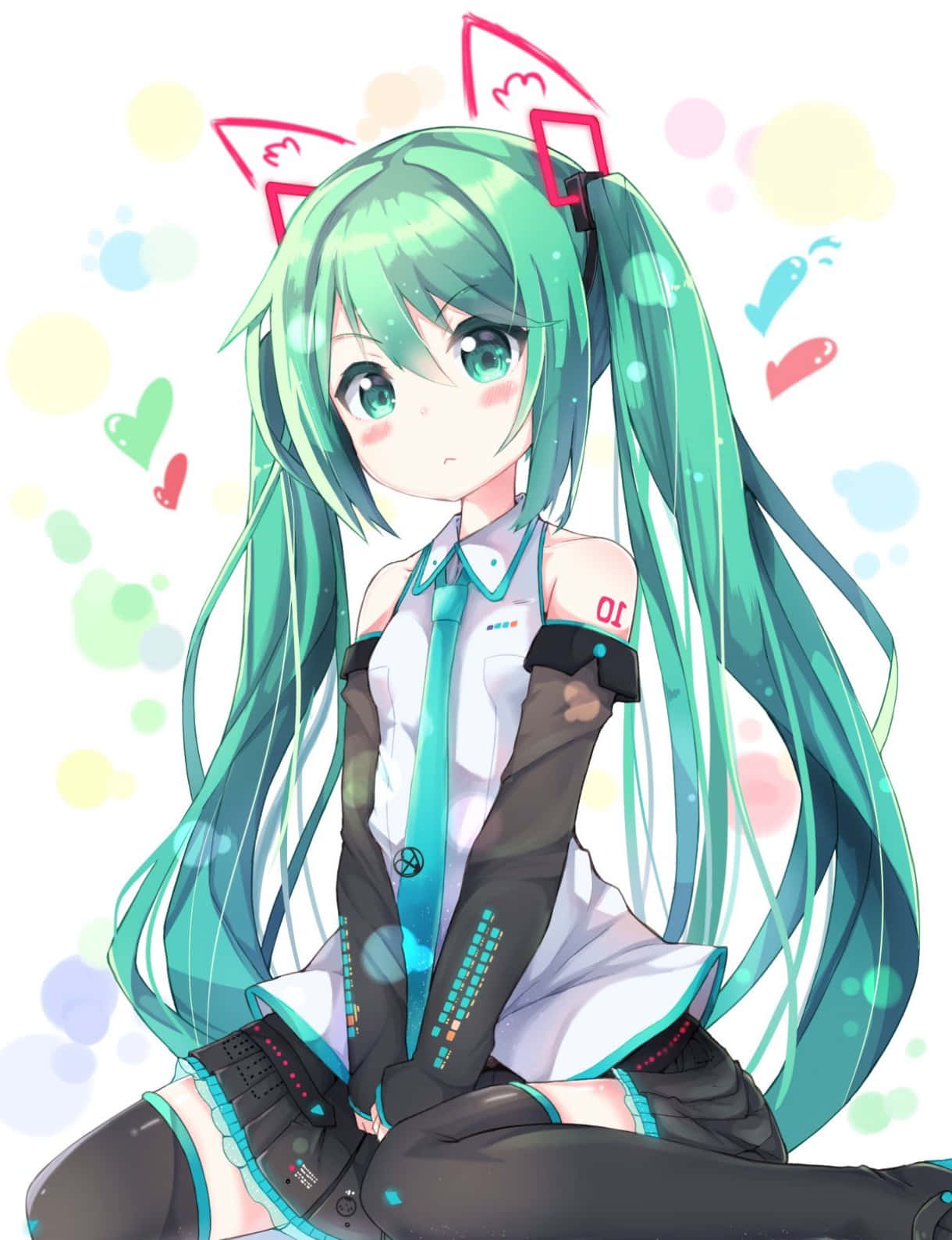 初音未來虛擬偶像手機壁紙 壁紙 — 一個開心的動漫女孩，長著長長的青綠色辮子和粉紅色貓耳朵，坐在色彩繽紛的漂浮心形和泡泡中。