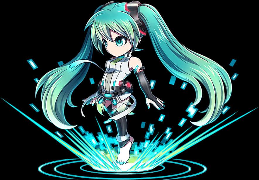 初音未來虛擬歌姬 壁紙 — 動漫角色，擁有藍綠色辮子和未來風格服裝，站在黑色背景上發光的藍色能量上。