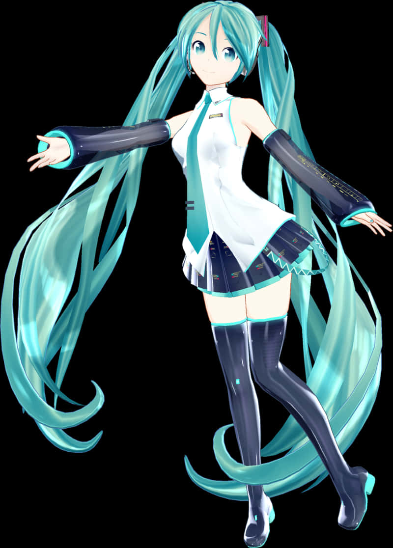初音未來虛擬歌姬姿勢 壁紙 — 一個充滿活力的動漫女孩，長著長長的藍綠色頭髮和未來主義的服裝，在黑色背景前優雅地擺姿勢。