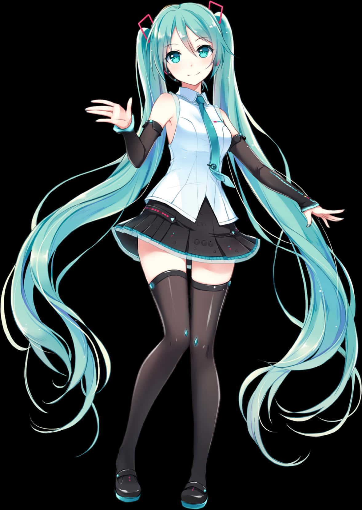 初音未來虛擬歌姬姿勢 壁紙 — 黑背景前，一位擁有長長青綠色頭髮和藍色眼睛的動漫女孩，身穿白色上衣、黑色裙子和及膝長襪。