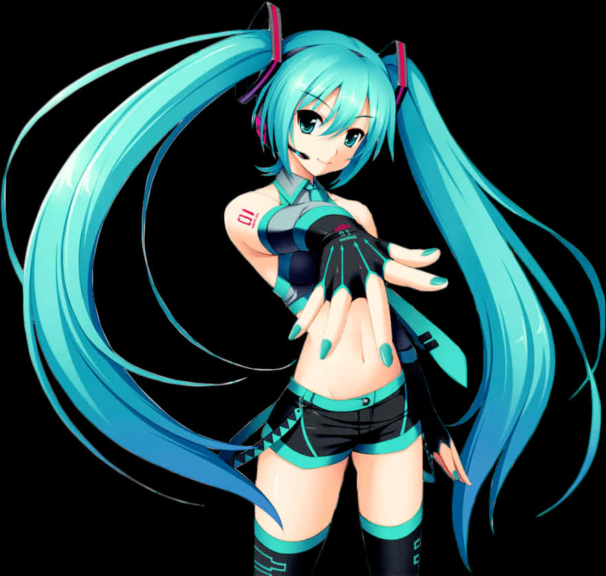 初音未來虛擬歌姬姿勢 壁紙 — 動漫角色，長長的藍綠色辮子，未來風格的服裝，在黑色背景前擺姿勢。