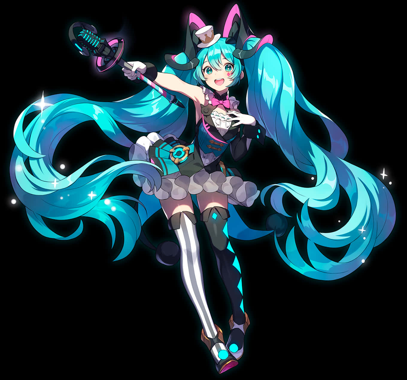 初音未來虛擬歌姬插畫 壁紙 — 一個充滿活力的動漫女孩，長著長長的青色頭髮和貓耳，在黑色背景上揮舞著發光的劍，帶有閃閃發光的效果。