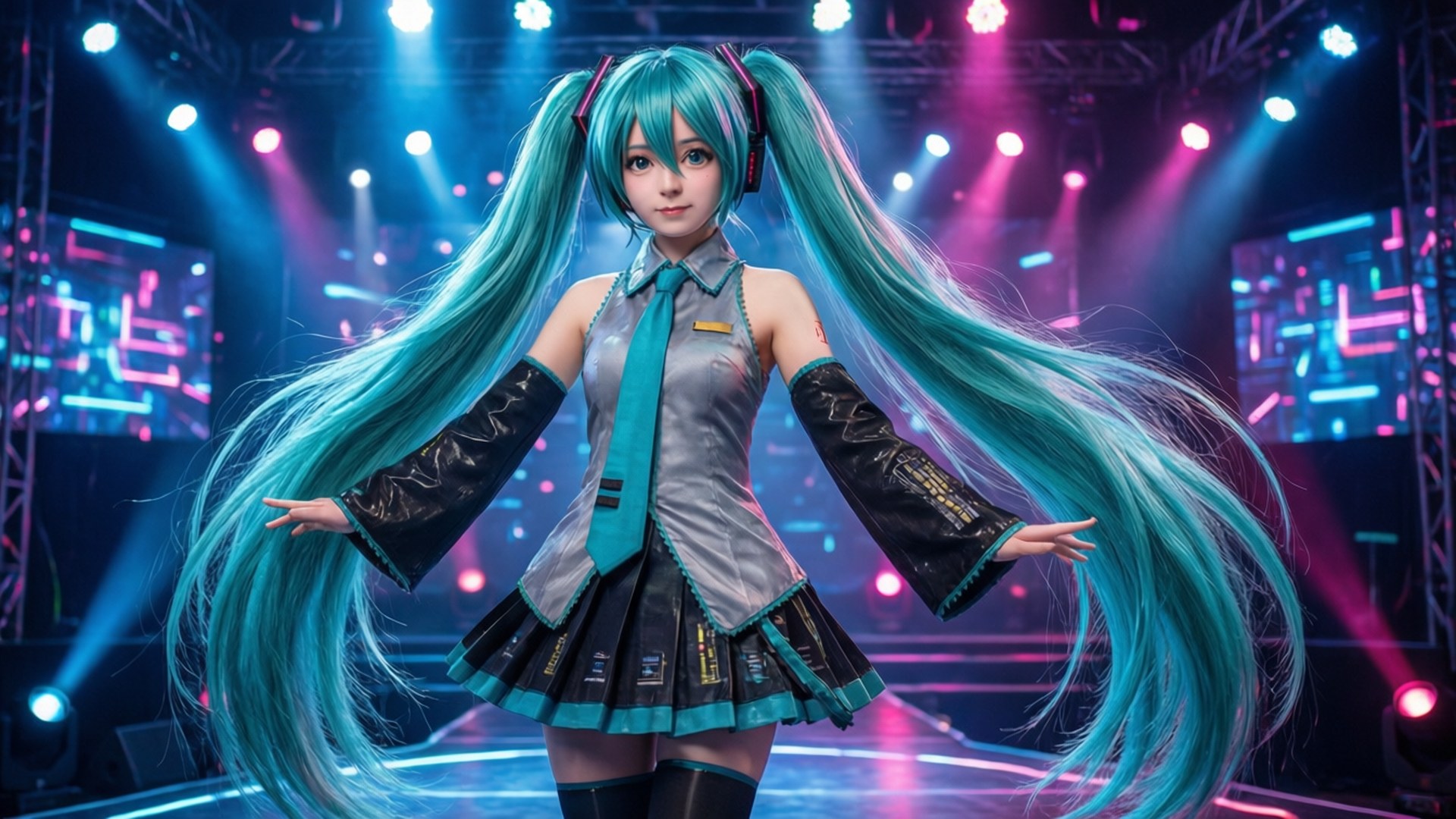 初音未來虛擬舞台演出 壁紙 — 擁有藍綠色雙馬尾的動漫角色在彩色聚光燈下的霓虹舞台上表演。