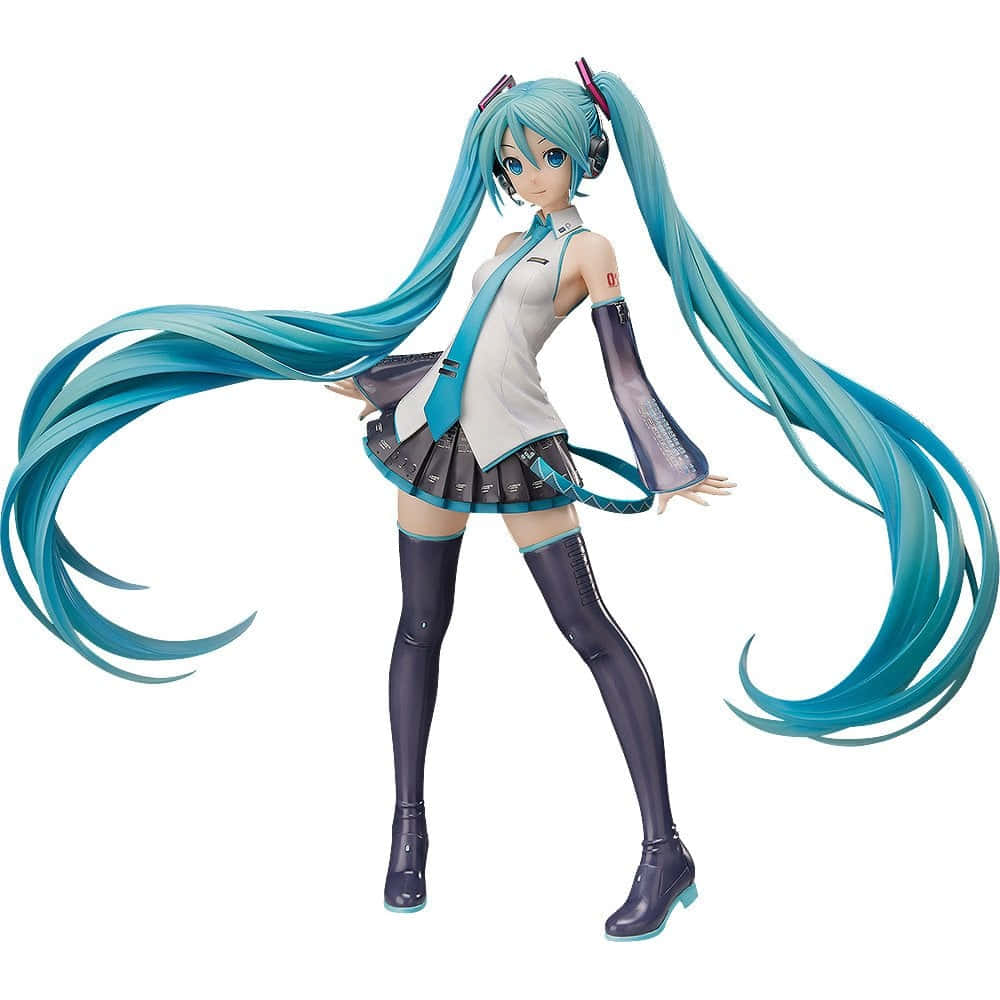 動漫角色初音未來人偶，擁有長長的藍綠色頭髮和耳機。