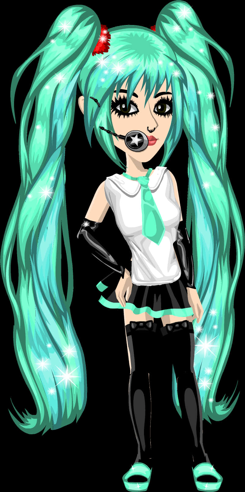 初音未來閃耀插畫 壁紙 — 動漫女孩，長長的青綠色雙馬尾，星形咪架，黑色背景，閃閃發光。