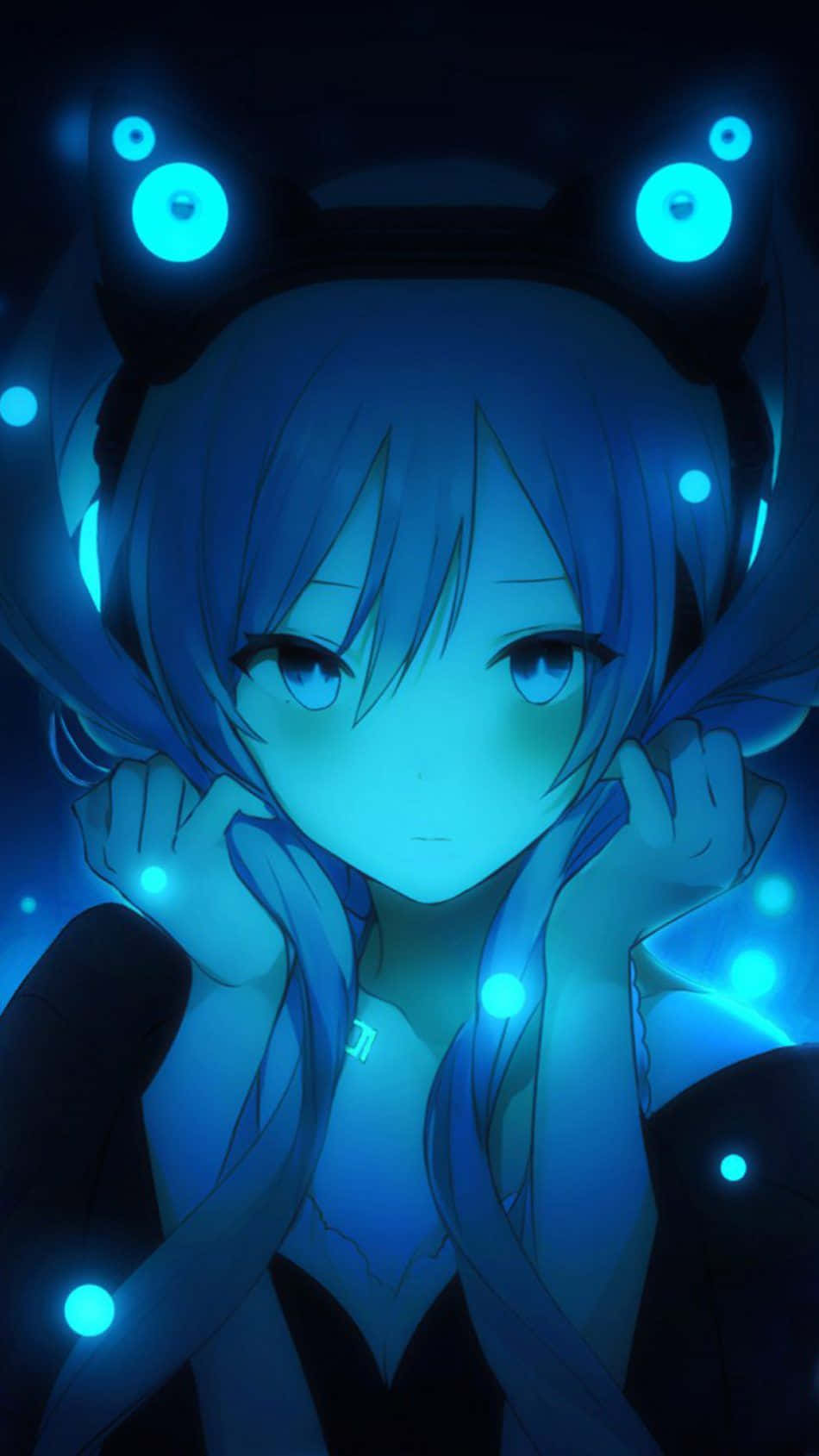 初音未來霓虹藍動漫頭像手機壁紙 壁紙 — 一位藍髮動漫女孩，擁有發光的貓耳和漂浮的球體，在黑暗的霓虹場景中溫柔凝視。