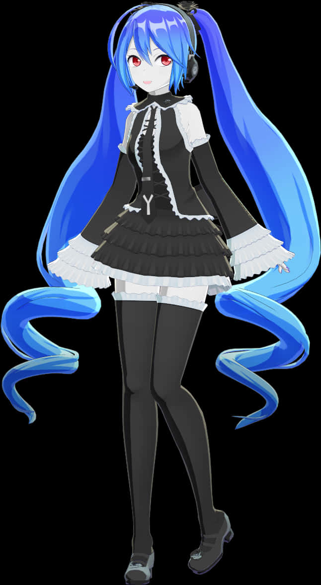 初音未來黑色禮服藍髮 壁紙 — 動畫女孩，長長藍色雙馬尾，戴耳機，穿著黑白女僕裝，黑色背景。
