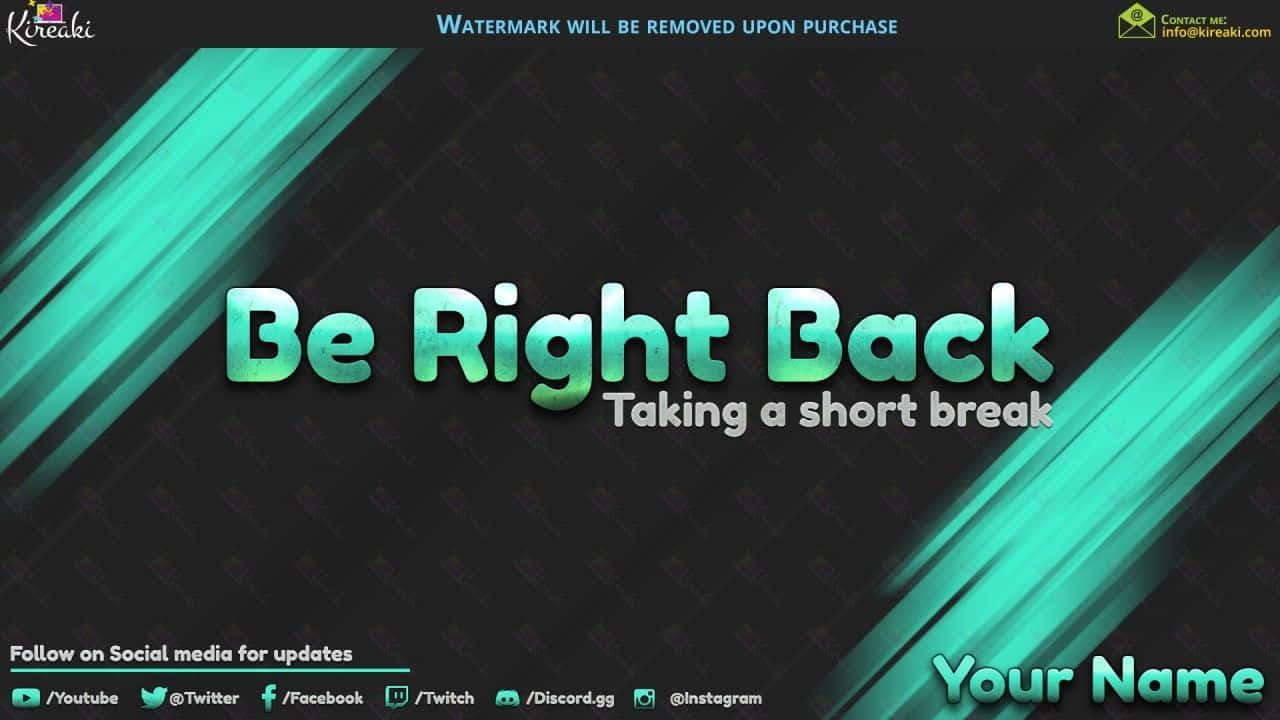 數位圖形，包含「Be Right Back」文字，用於短暫休息和社交媒體連結。