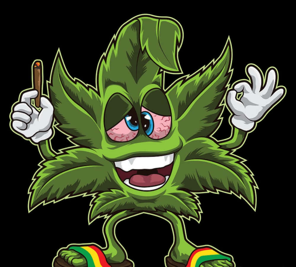 別只滿足於抽煙——讓我們更高一點！ 壁紙 — 一個卡通大麻葉角色，有一隻藍色眼睛和一隻粉紅色眼睛，拿著雪茄在黑色背景上愉快地揮手。