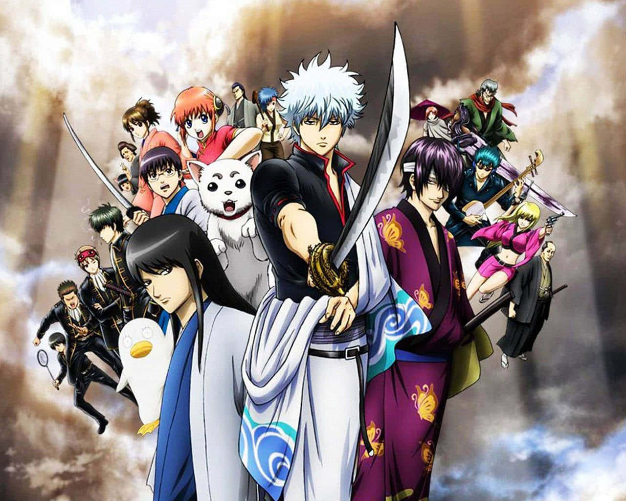 「別小看銀時和神樂」 壁紙 — 一個充滿活力的動漫武士和戰士群體，手持劍和寵物，英勇地站在暴風雨的天空下。