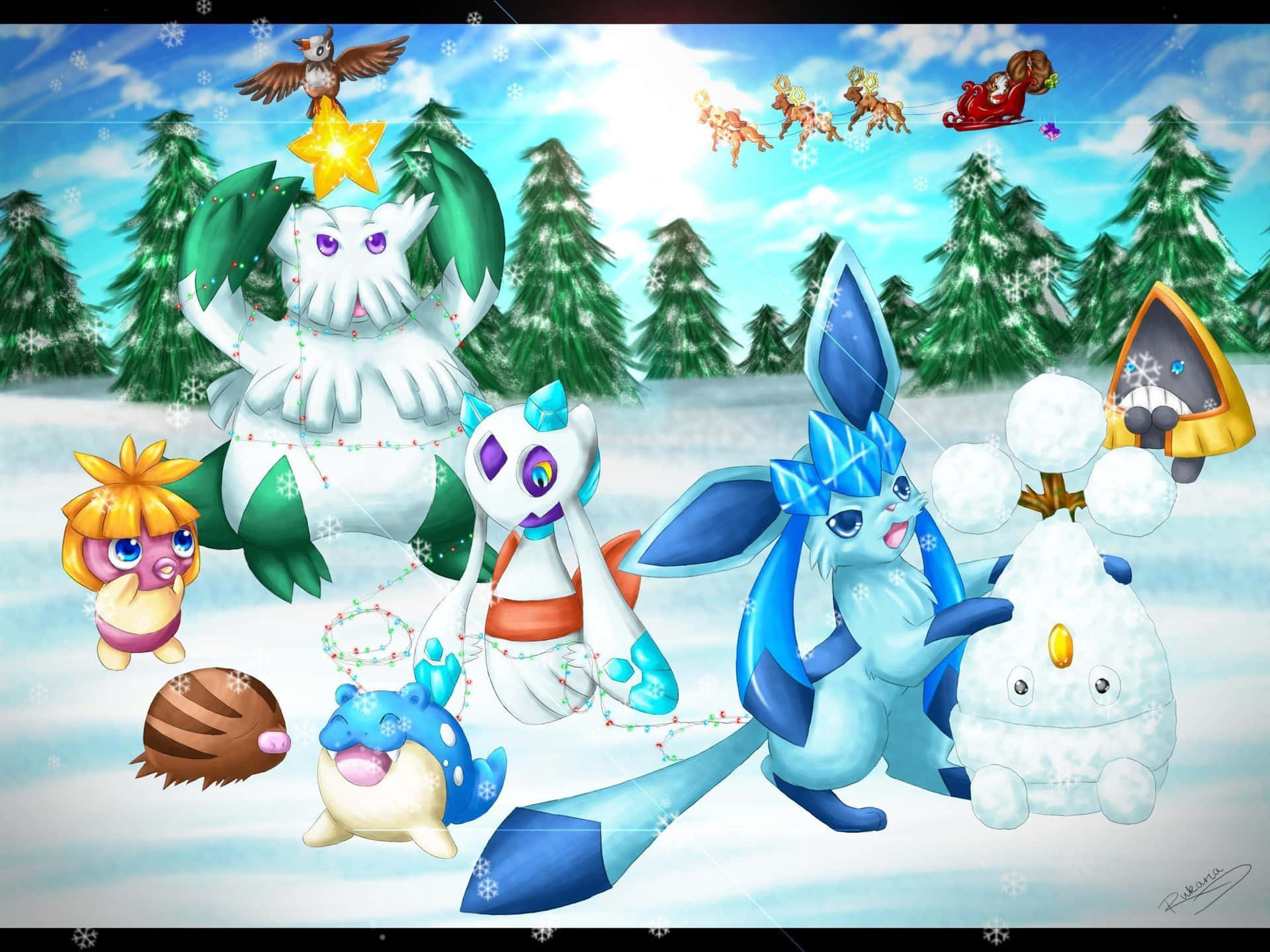 精靈寶可夢角色享受雪地聖誕場景，雪橇在頭頂飛過。