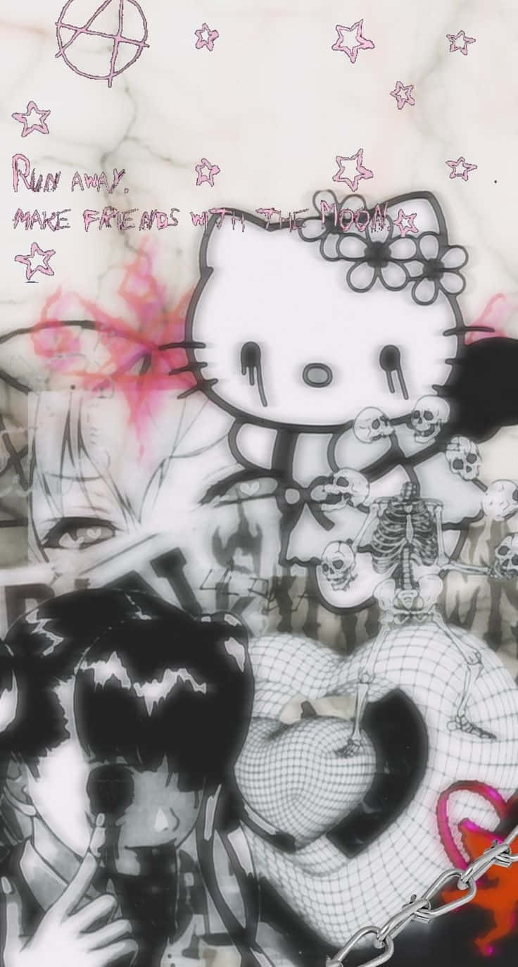 塗鴉藝術，以大理石紋背景上的Hello Kitty、骷髏頭和動漫角色為特色。