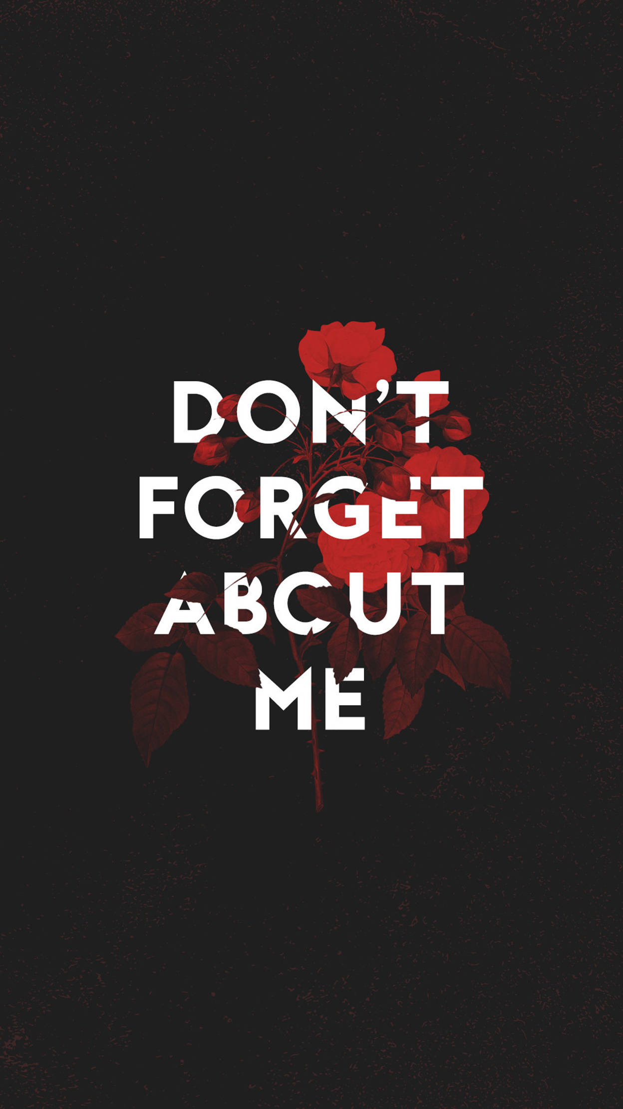 別忘記我時尚 iPhone 壁紙 — 粗體白色文字 'DON'T FORGET ABOUT ME' 覆蓋在一簇鮮豔的紅玫瑰上，背景為紋理黑色。
