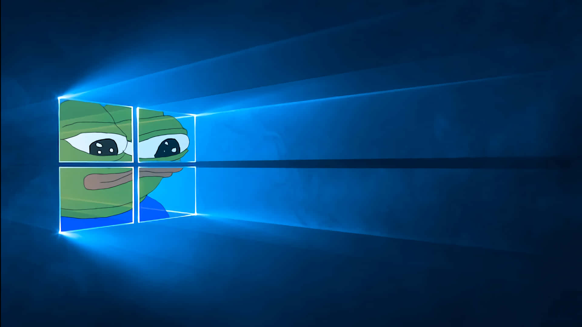 Pepe the Frog 在深藍色數位場景中透過發光的Windows標誌窗口觀看。